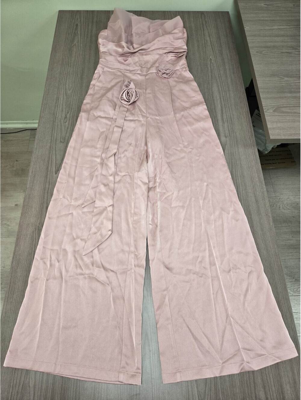 MOTF Women S Dusty Pink Strapless Wide Leg Jumpsuit 3D Rose Belt NWT